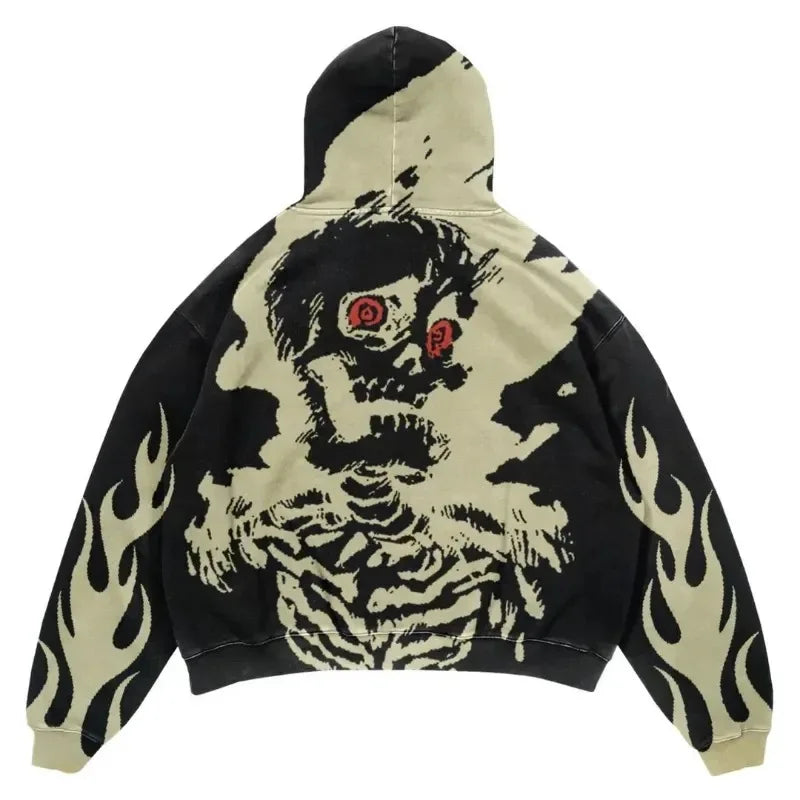 A black hooded sweatshirt featuring a large skeletal design with red eyes on the back and flame patterns on the sleeves, this Maramalive™ Explosions Printed Skull Y2K Retro Hooded Sweater Coat Street Style Gothic Casual Fashion Hooded Sweater Men's Female adds an edgy twist to your wardrobe.