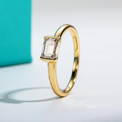 Moissanite Gold plated Silver ring, Emerald Cut setting with Gold accents, diamond accents.