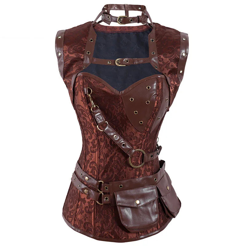 Brown Maramalive™ Retro Jacquard Floral Corsets Top Steampunk Women Sexy Goth Corset Overbust Gothic Bustier Bodice Femme Punk Clothing Plus Size with leather straps, buckles, and a floral pattern, featuring 14 plastic bones for structure and a belt with a pouch.