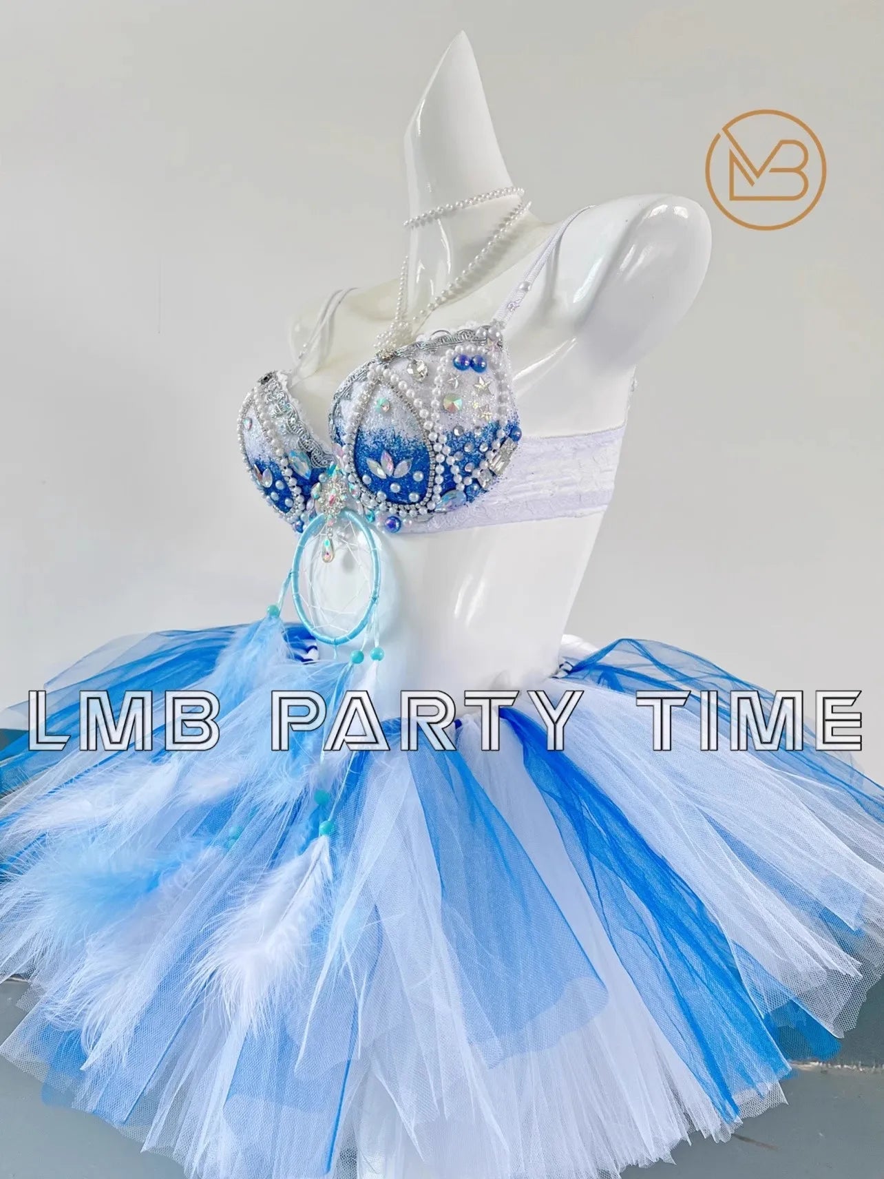 Blue Crystal Pearl Bikini Skirt Costume Sexy Bar Nightclub Festival Party Club Female Singer DJ Dance Stage Rave Outfit S-XL