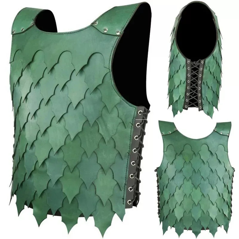 Medieval PU Leather Scale Vest Armor Larp Knight Warrior Costume Green Doublet Jerkin Cuirass Cosplay Outfit SCA Tabard For Men