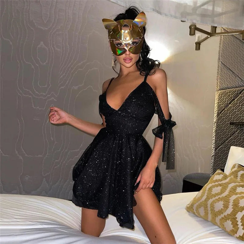 Women Shiny Sequined Party Dress Solid Color Spaghetti Strap V-Neck A-Line Cocktail Clubwear Short Mini Dresses