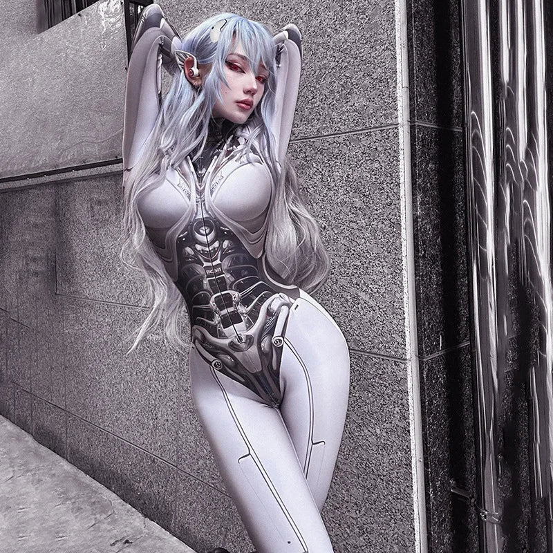Person with long silver hair dressed in a Maramalive™ Goth Dark 3D Printed Cosplay Bodycon Jumpsuits Y2k Techwear Long Sleeve Gothic Punk Playsuits Anime Women Mock Neck Zip Bodysuit poses against a stone wall, embodying the essence of Gothic Jumpsuits.
