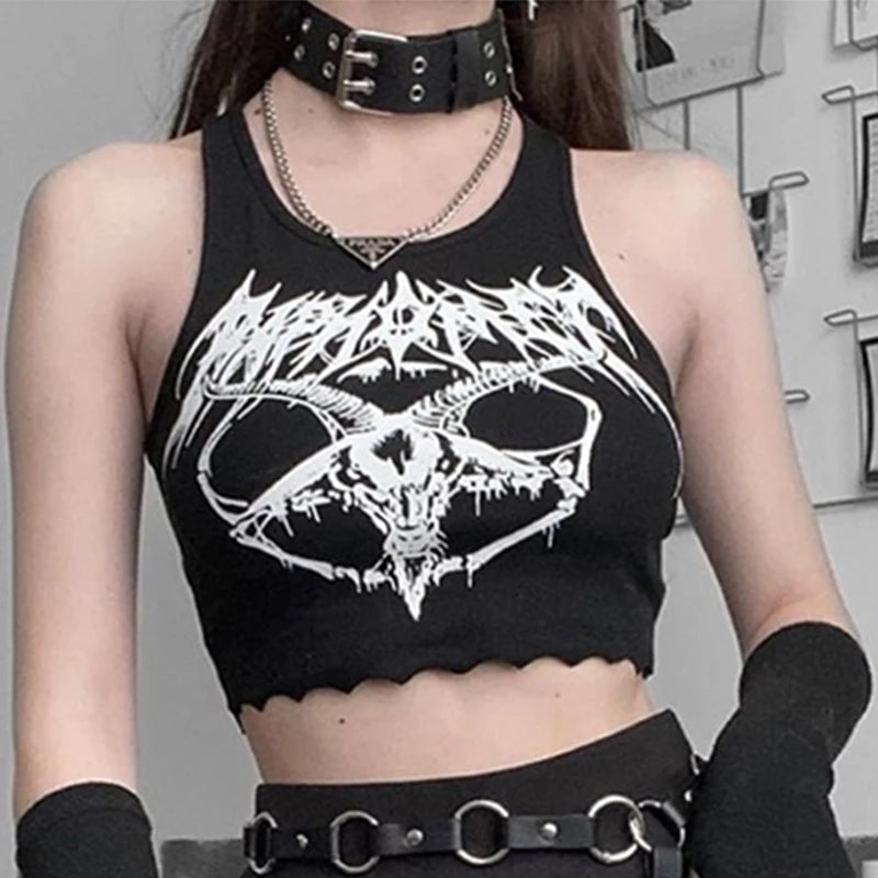 Person wearing a Maramalive™ Black Tank Tops For Women Knitted Grunge Punk Goth Goat Head Print Vest Y2k Clothes Crop Top Summer Sexy Sleeveless O-neck Tanks, accessorized with a black choker, necklace, and black gloves. This edgy attire perfectly blends the allure of sexy cropped camisoles and the bold statement of gothic fashion.