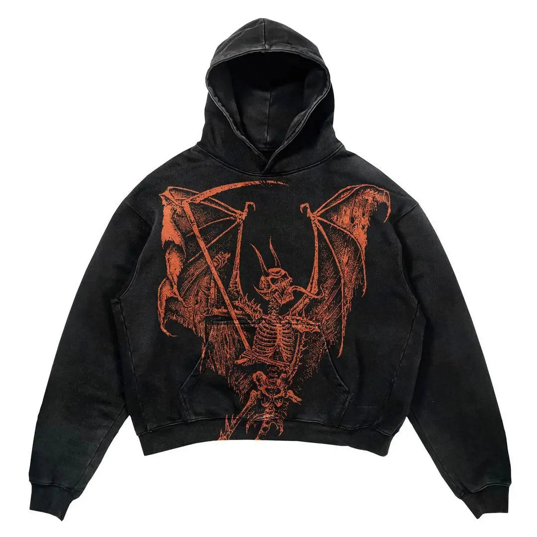 Black hoodie with a large orange graphic of a skeletal figure holding a scythe, featuring bat-like wings, printed on the front. This Maramalive™ Explosions Printed Skull Y2K Retro Hooded Sweater Coat Street Style Gothic Casual Fashion Hooded Sweater Men's Female adds an edgy yet nostalgic flair to your wardrobe.