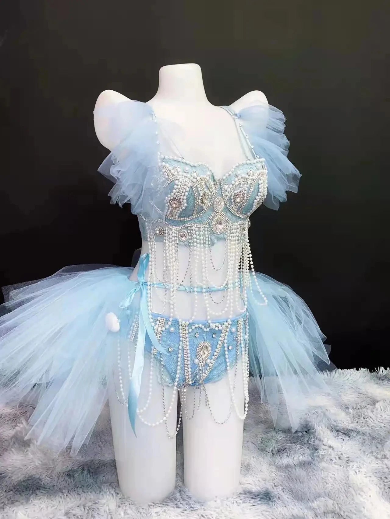 Sexy Female Pearl Rhinestones Bra Shorts Blue Set Bar Nightclub Beading Tassels Bikini Pole Dance Show Stage Performance Costume