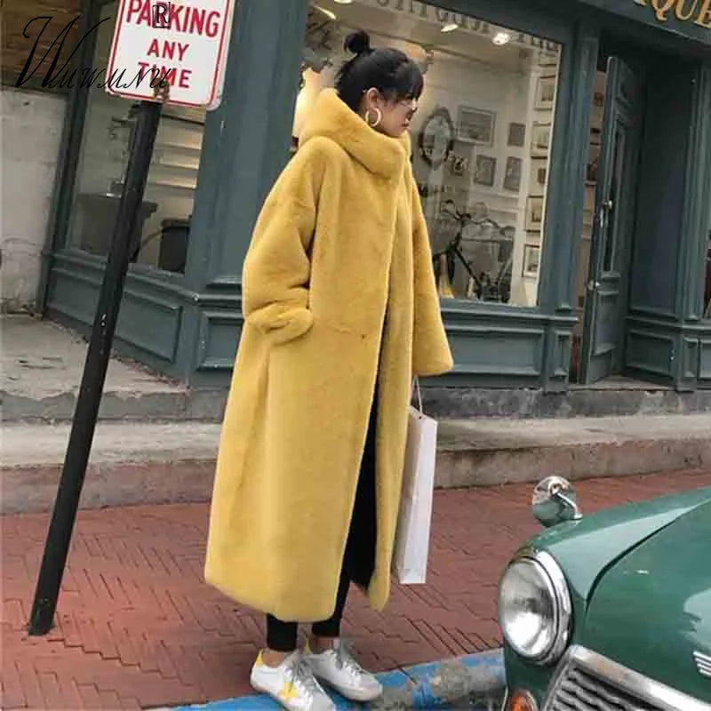 Super Warm Hooded Long Faux Fur Coats Trend Luxury Plush Overcoat Rabbit Furs Winter Jackets Women Thicken Loose Furry Jaqueta