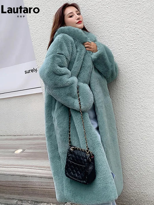 Winter Long Loose Casual Windproof Soft Thick Warm Fluffy Green Black Faux Fur Coat Women with Hood Furry Overcoat 2023