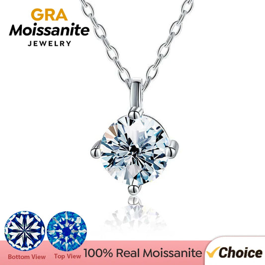 GRA Luxury Certified Moissanite Diamond Classic Round Pendant Necklace for Women 925 Sterling Silver Chain Wedding Fine Jewelry