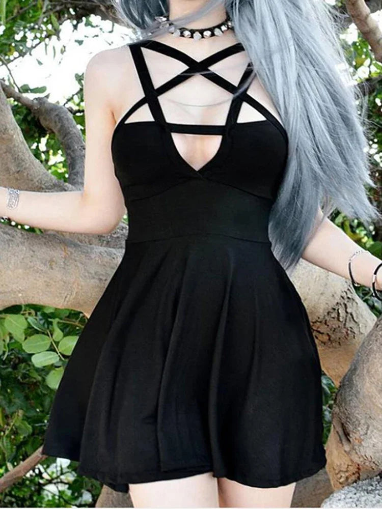 Model in dark Gothic punk strap dress
