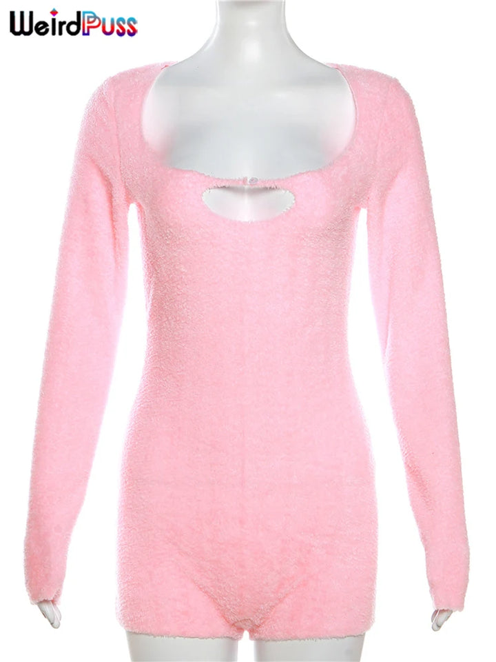 A mannequin displays a pink, long-sleeved, fuzzy bodysuit with a scoop neckline and a small cut-out beneath the chest, perfect for autumn/winter rompers styling—specifically, the Chic Buckle Women Romper Hollow Out Long Sleeve Low Chest One Pieces Body-Shaping Autumn Trend Streetwear Y2K Bodycon by Maramalive™.