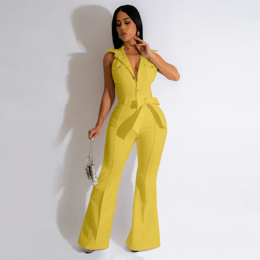 Spring/Summer Women's Clothing Solid Color Sleeveless Jumpsuit Fashion Wide Leg Pants Sexy Single-Breasted Jumpsuit With Belt