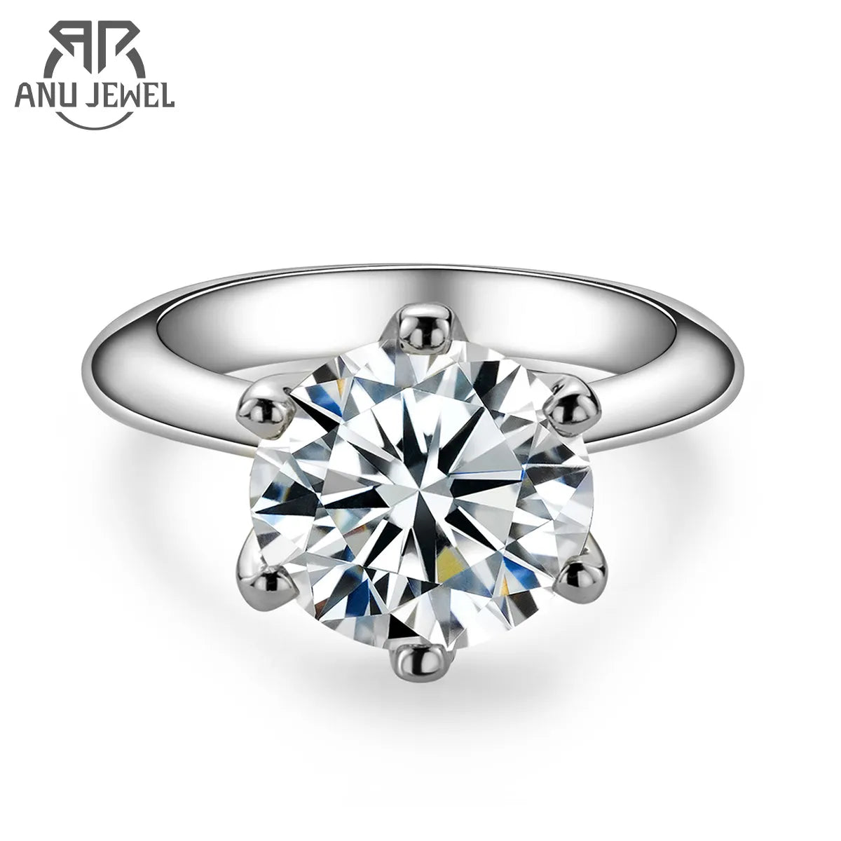 A Moissanite Solitaire Ring: Stunning Engagement Jewelry with a large round-cut moissanite centerpiece, held by six prongs, exemplifying a classic solitaire design. The Maramalive™ logo is in the top left corner.