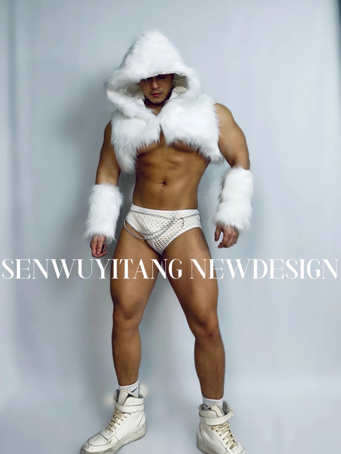 Men Set Hooded Fur Vest+Sleeves Cuff+Shorts Nightclub Party Male Singer Gogo Spicy Chicken White Stage Costume Homme Essentials