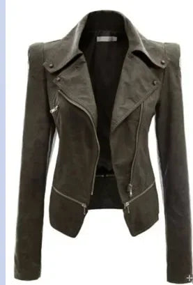 Grey, edgy, gothic-style faux leather jacket.