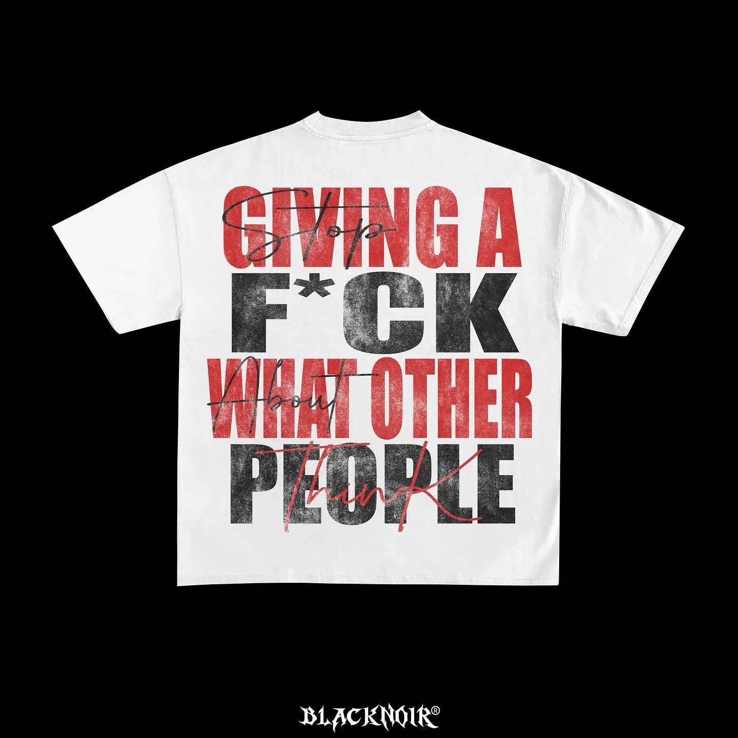 A high-quality, oversized white cotton T-shirt featuring large red and black graphic 2023 text on the back: "Giving a f*ck what other people think." The brand name "Maramalive™" is displayed at the bottom of this bold goth-inspired design.