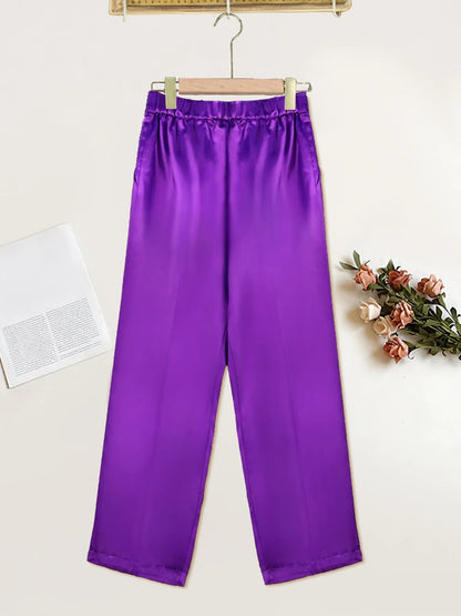 Women Pants High Elastic Waist Purple Summer Office Lady Work Casual Pencil Capris with Pockets Shiny Trousers for Woman 4XL