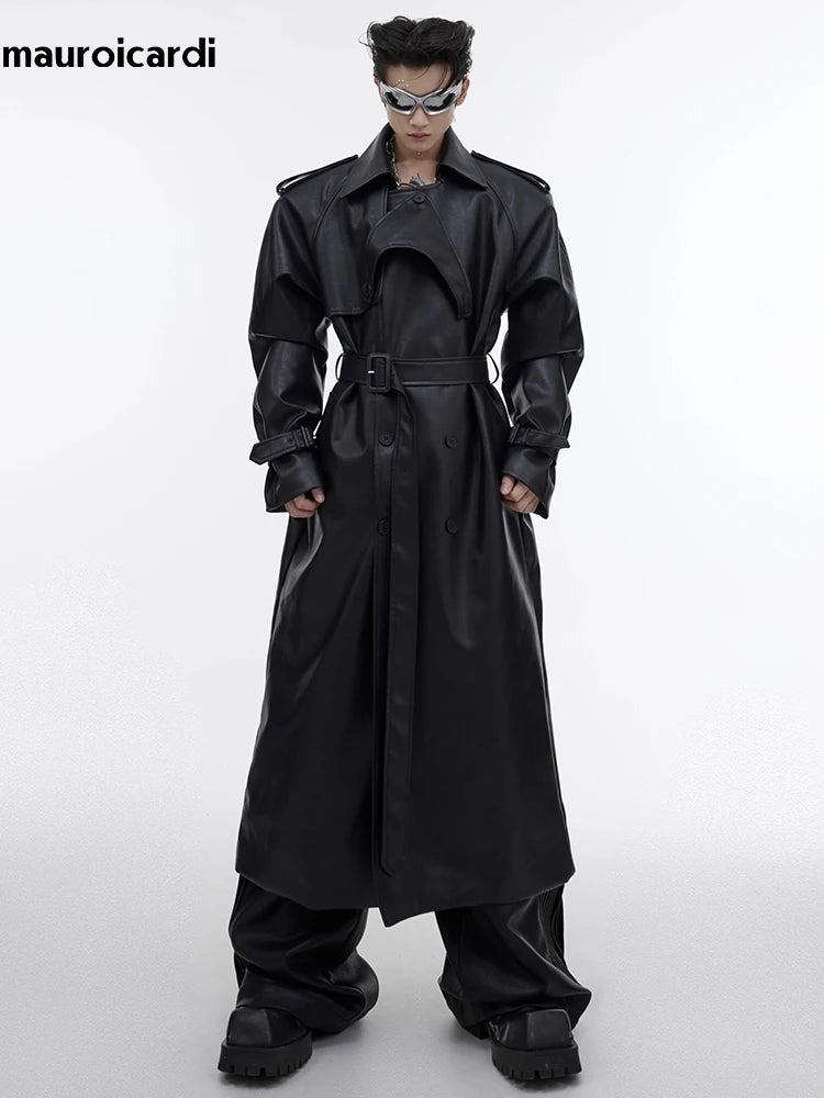 Long Oversized Black Brown Faux Leather Trench Coat Men Belt Double Breasted Luxury Designer Clothes 2023