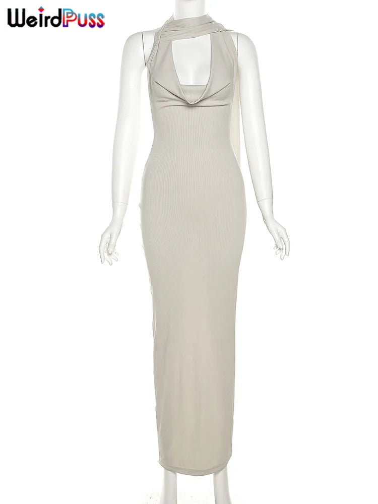 A Backless Halter Women Evening Dress With Scarf Hollow Back Split Skinny Ladies Formal Occasion Prom Bodycon Vestidos is displayed on a mannequin. The brand name "Maramalive™" is visible in the top-left corner.