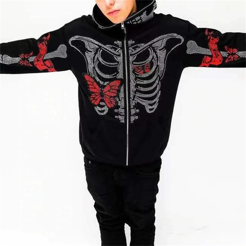 Person wearing a black hoodie with a skeletal ribcage and red butterfly design, holding their arms outstretched. Perfect for both Spring and Autumn, this punk style Maramalive™ Goth Clothing Rhinestones Skeleton jacket Hoodies Punk Long Sleeve Streetwear Oversized Zip Men Y2K Casual Hoodie Sweatshirt New stands out against the white background.