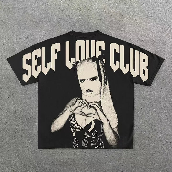 A black, Maramalive™ Punk Hip Hop Graphic T Shirts Mens Vintage Y2k Top Harajuku Goth Oversized T Shirt Fashion Loose Casual Short Sleeve Streetwear with the text "SELF LOVE CLUB" on the back, featuring an image of a person in a mask making a heart shape with their hands.