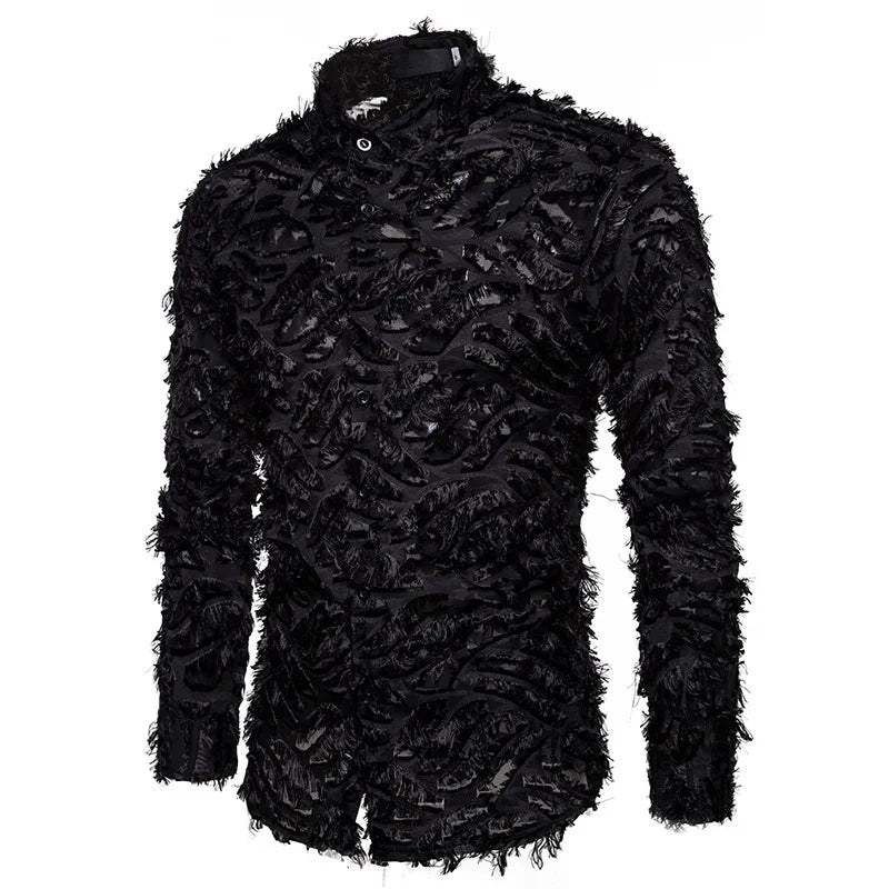 New Men's Button Shirt Fashion Menswear Designer Personality Cute Clothes Street Fashion Designer Clothes by Maramalive™ with black textured fabric featuring various patterns and a button-up front, perfect for a preppy style look.