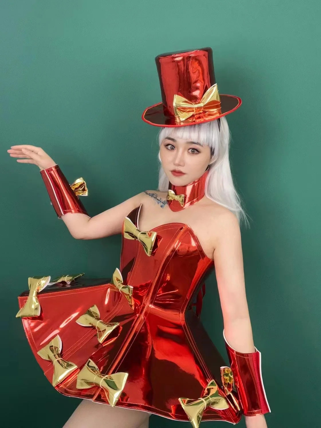 Christmas Costume Bow Dress Hat Cuff Neck Set Bar Nightclub Singer Dance Stage Birthday Party Amusement Park Tour Armor Outfits