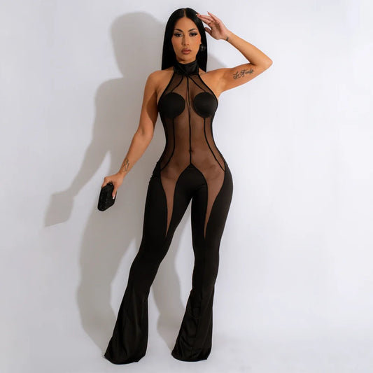 Women's Sexy Backless Flared Jumpsuits Fall Fashion Ladies Night Club Sleeveless Patchwork Mesh Bell Bottoms Jumpsuit