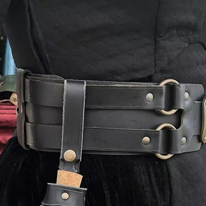 Medieval Steampunk PU Leather Witch Belt with Double Buckle for Women's Viking Pirate Knight Costume Accessory for Larp Cosplay