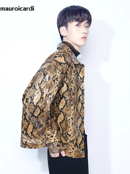 Loose Cool Shiny Colorful Snakeskin Print Pu Leather Jacket Men Luxury Designer Clothes Streeetwear