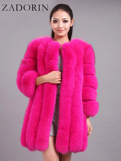 Luxury Faux Fox Fur Coat Slim Long Pink Red Blue Faux Fur Jacket Women Fake Fur Coats Manteau Fourrure