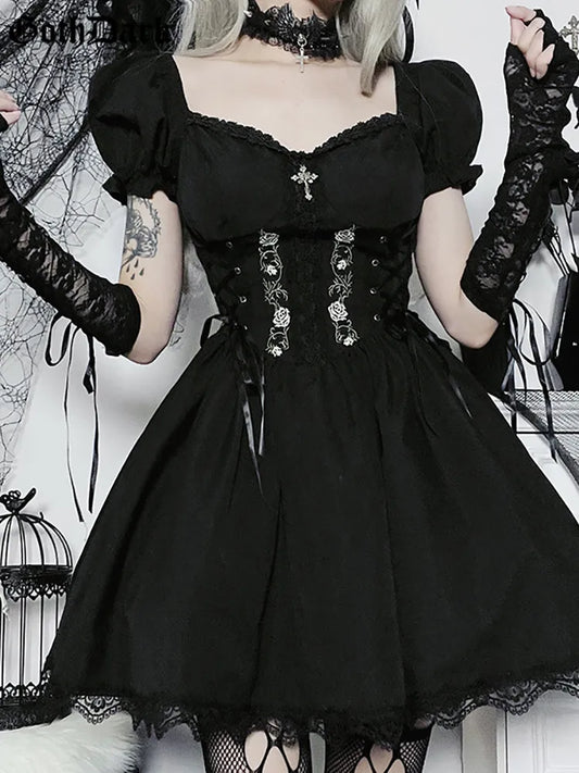 Goth Dark Lolita Mall Gothic A-line Mini Dresses Grunge Style Black Bandage Corset Dress Women Emo Embroidery Alt Clothes