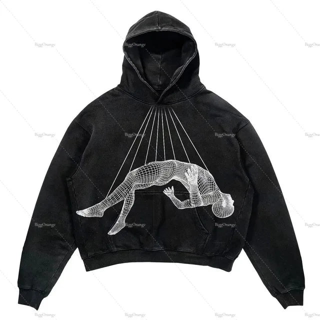 A black Maramalive™ Explosions Printed Skull Y2K Retro Hooded Sweater Coat Street Style Gothic Casual Fashion Hooded Sweater Men's Female featuring a white wireframe design of a levitating human figure suspended by strings on the front, embodying the edgy charm of retro hoodies.