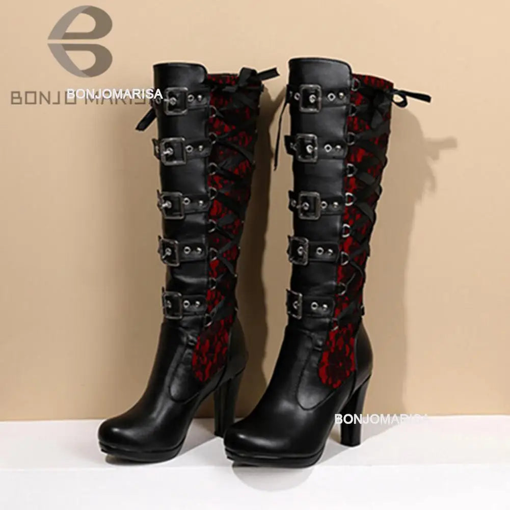 Platform Boots For Women Lace Up Chunky High Heel Mid Calf Boots Narrow Band Bow Knot Goth Gothic Shoes Winter 2023