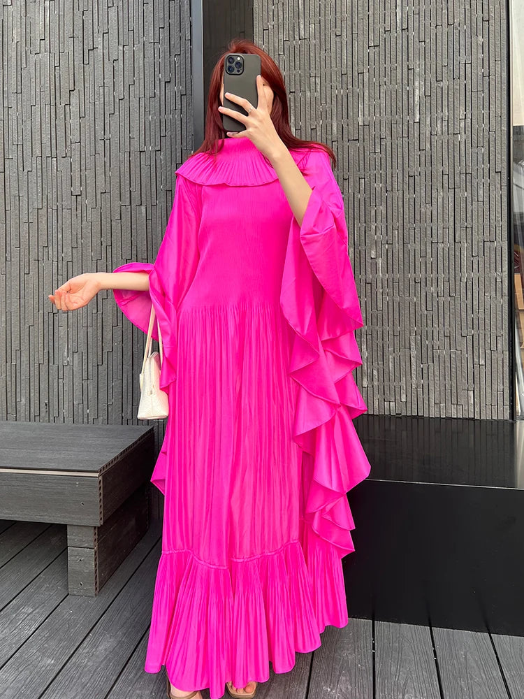 Pleated Spring Women's Long Irregular Dress Loose and Slim Solid Color Heavy Work Pleated Western Style Women's Dress