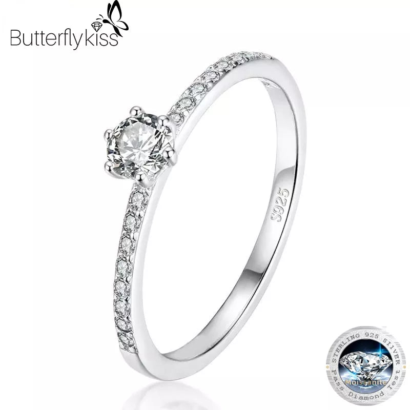 Butterflykiss 4.5mm S925 Sterling Silver  Round Real Moissanite Rings For Women Girls Cassic Wedding Statement Fine Jewelry Gift