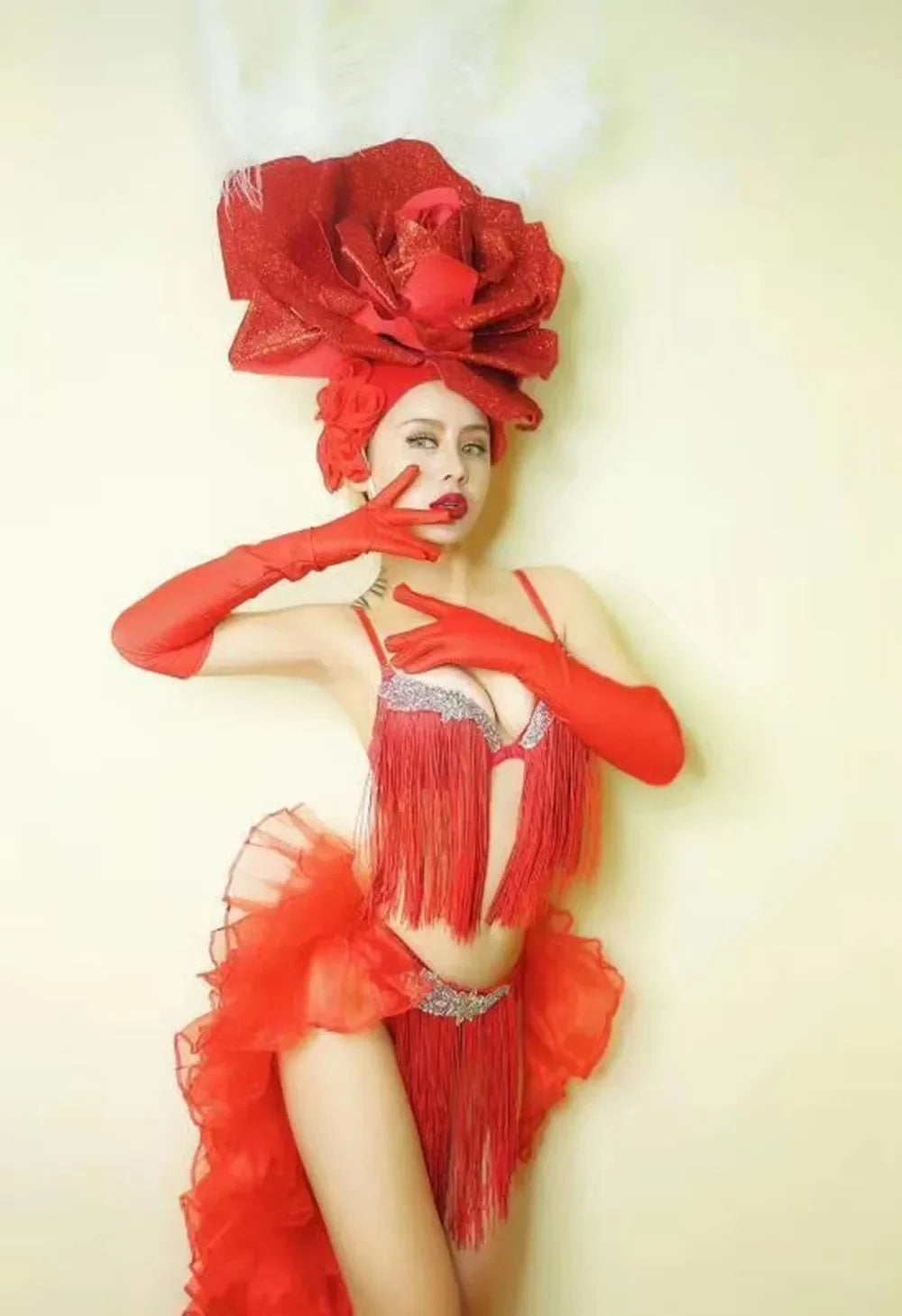 Red Flower Feather Headdress Tassel Bikini Tail Dress Set Bar Club Female Singer Stage Party Rave Wear Dance  Team Sexy Outfits