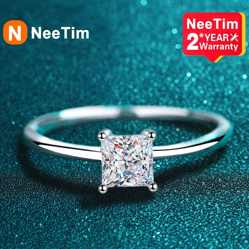 NeeTim 0.6 Carat Princess Moissanite Engagement Ring Women Proposal Bridal Rings Sterling Silver Wedding Band with Certificate