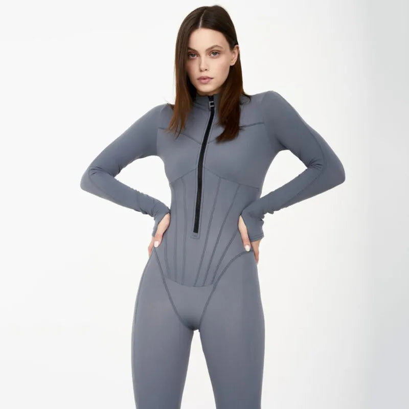 Autumn Fashion Solid Color Long Sleeve Zipper Striped Corset Waist Women Casual Sports Jumpsuits Bodysuit Workout Yoga Leggings