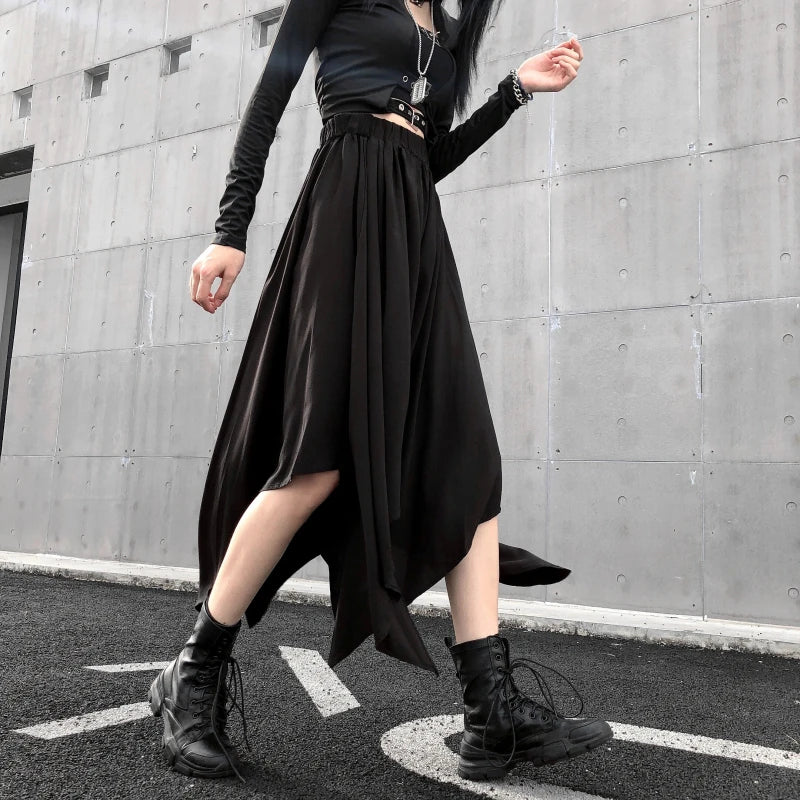 Gothic Black Skirt Dark Black Irregular High Waist Goth Punk Long Vintage Skirt Mid-Calf