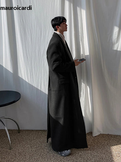 Extra Long Warm Black Loose Casual Wool Blends Coat Men Luxury Floor Length Overcoat Fashion