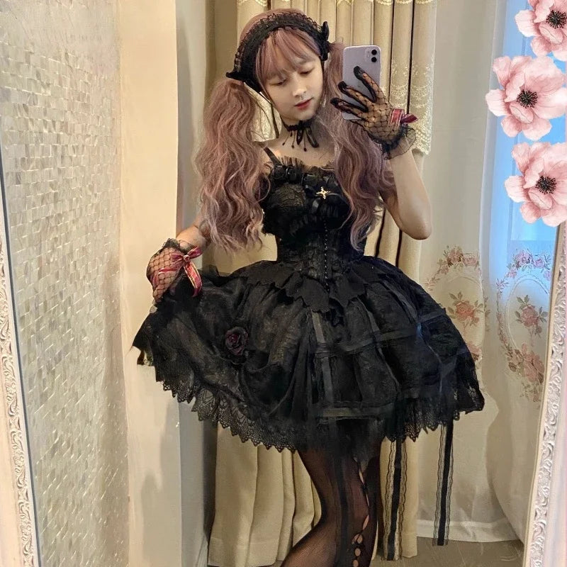 Victorian Gothic Lolita Dress Vintage Girl Sweet Lace Rose Princess Holiday Party Dresses Women Dark Cosplay Slip Dress
