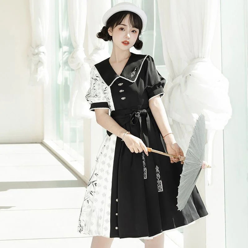 +Element Short Sleeve Op Dress Improved Daily Skirt Spring Black White Lolita