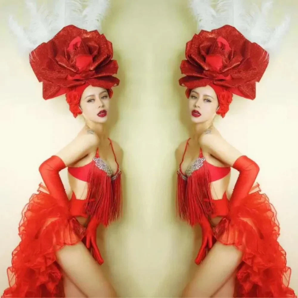 Red Flower Feather Headdress Tassel Bikini Tail Dress Set Bar Club Female Singer Stage Party Rave Wear Dance  Team Sexy Outfits