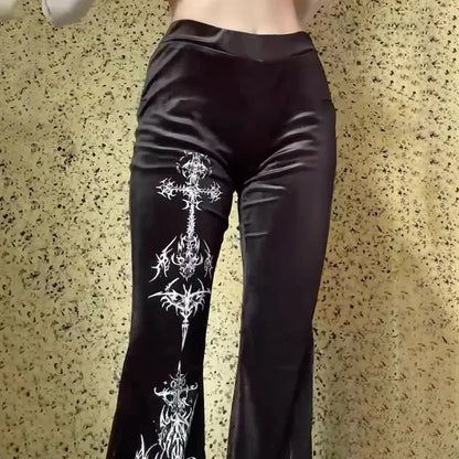 Goth Dark Velvet Mall Gothic Aesthetic Emo Flare Pants Grunge Punk High Waist Casual Trousers Women Fashion Printed Alt Clothes