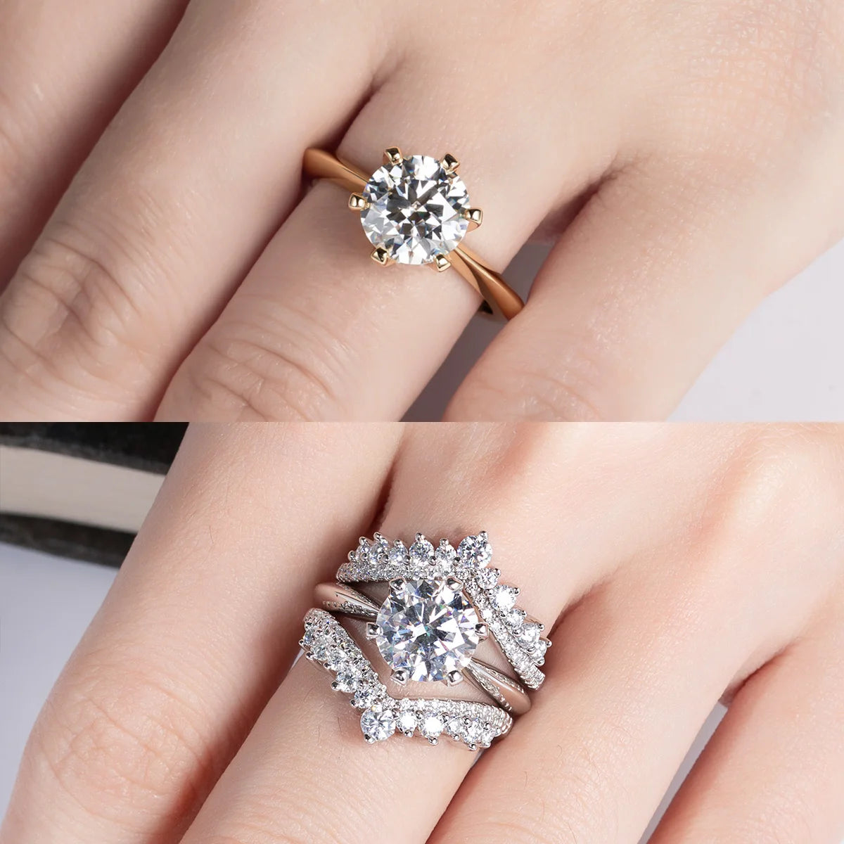 Two close-up images of hands wearing rings: the top hand displays a Maramalive™ Moissanite Solitaire Rings: Stunning Engagement Jewelry with a gold band featuring a single large moissanite center stone, while the bottom hand showcases a set of rings adorned with multiple smaller diamonds.