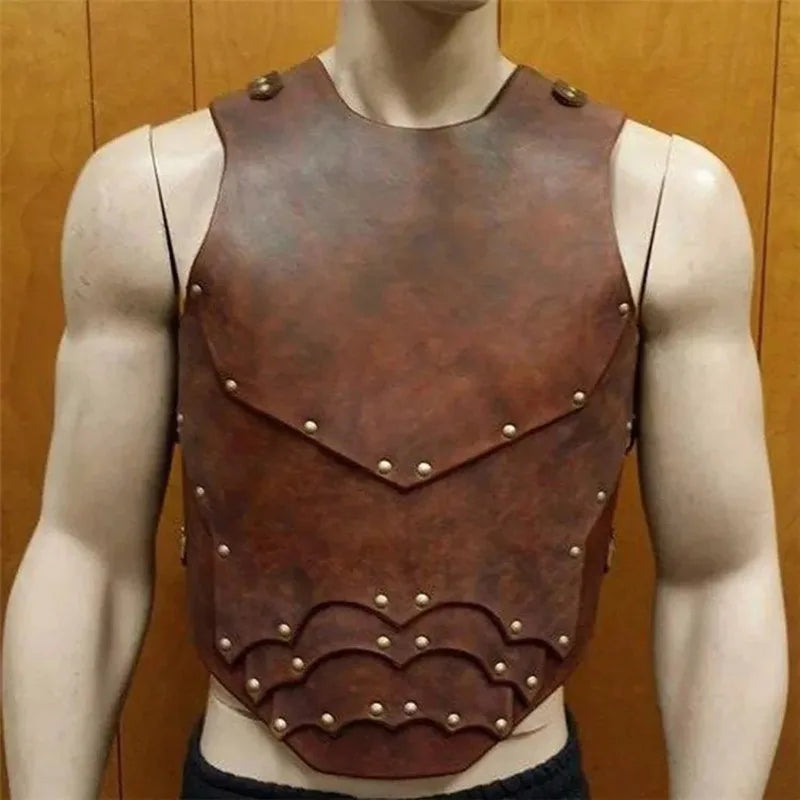 A mannequin dressed in a brown Medieval Steampunk PU Leather Cuirass Viking Knight Gladiator Pirate Cosplay Costume Chest Armor Vest Outfit Breastplate For Men by Maramalive™ with decorative designs and rivet detailing, complemented by shoulder armor, is displayed against a wooden background—perfect for pirate costumes.