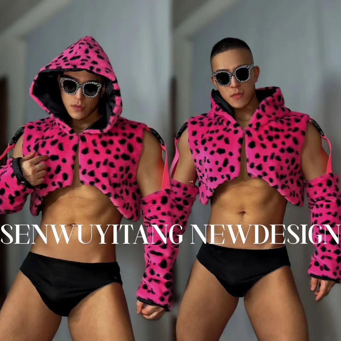 Sexy Pink Leopard Hooded Feather Fur Jacket Shorts Outfits Male Female Sets Bar Nightclub Singer Hip Hop Jazz Dance Stage Wear