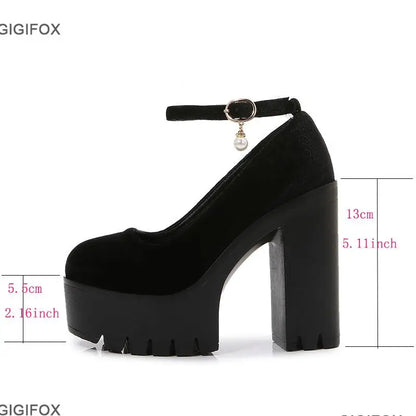 New Platform Chunky Heeled Pumps For Women Velvet Ankle Strappy Block High Heels Shoes Spring Dress Office Mary Janes