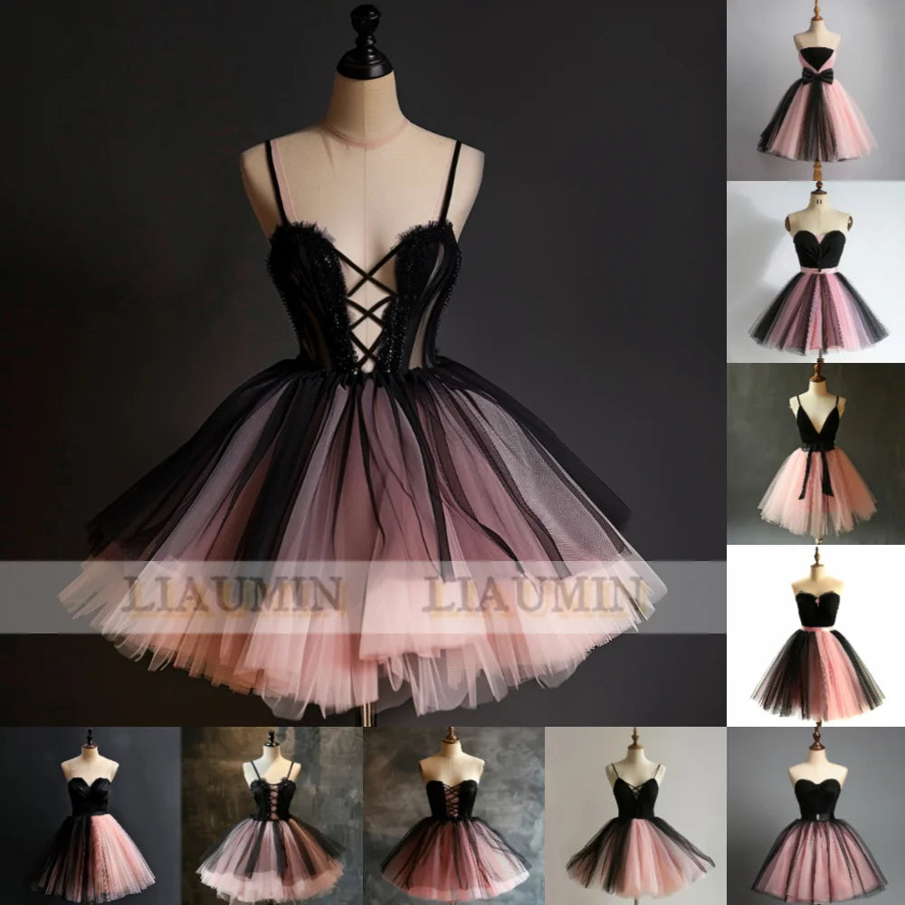 Pink And Black Tulle Short Length Evening Dress Formal Party Prom Princess Homecoming Skirt Hand Made Custom
